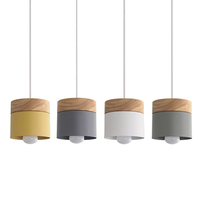 Modern Minimalist Wood Iron Pendant Light - Round Cylinder 1-Light Fixture for Living Room