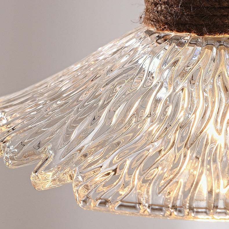 Contemporary Nordic 3-Light Conical Glass Chandelier with Hemp Rope and Wood for Living Room