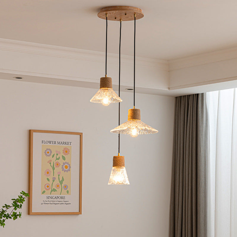 Contemporary Nordic 3-Light Conical Glass Chandelier with Hemp Rope and Wood for Living Room