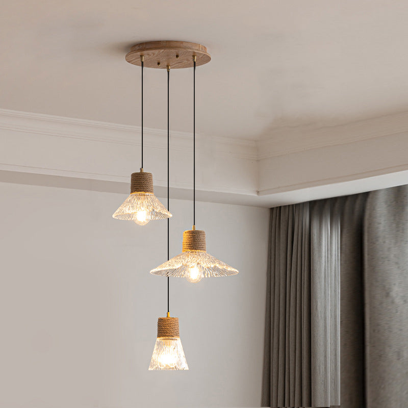 Contemporary Nordic 3-Light Conical Glass Chandelier with Hemp Rope and Wood for Living Room