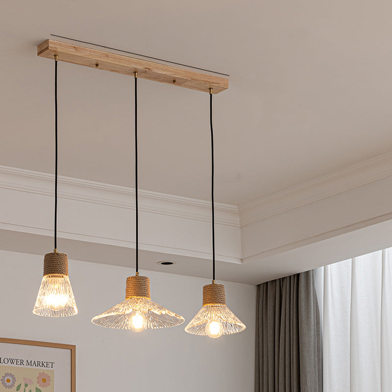 Contemporary Nordic 3-Light Conical Glass Chandelier with Hemp Rope and Wood for Living Room