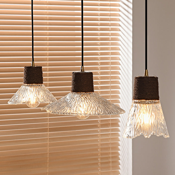 Contemporary Nordic 3-Light Conical Glass Chandelier with Hemp Rope and Wood for Living Room
