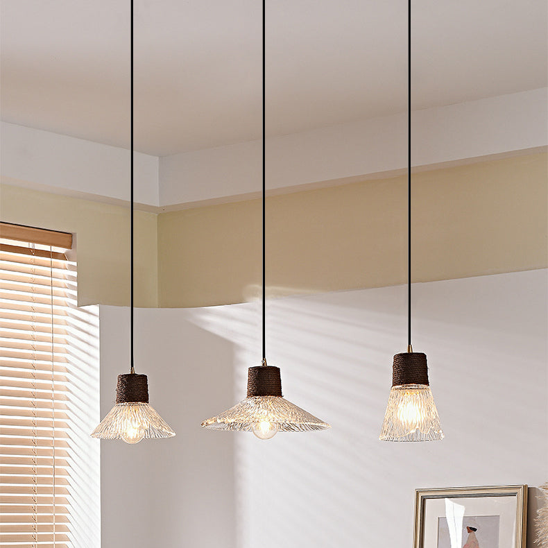 Contemporary Nordic 3-Light Conical Glass Chandelier with Hemp Rope and Wood for Living Room