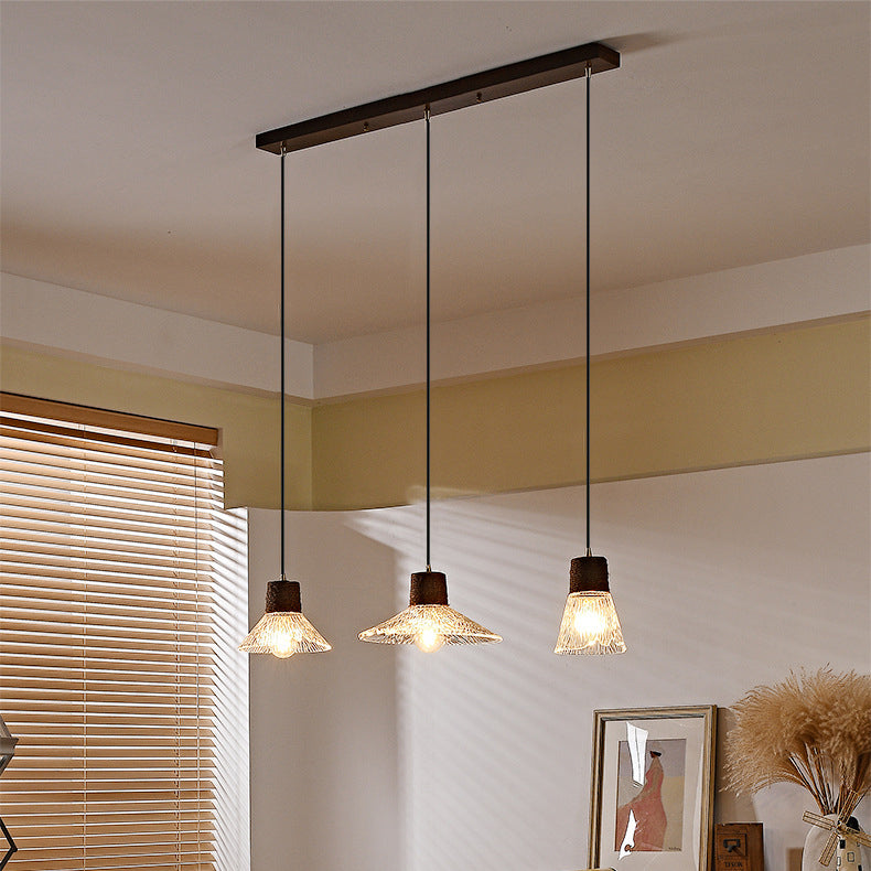Contemporary Nordic 3-Light Conical Glass Chandelier with Hemp Rope and Wood for Living Room