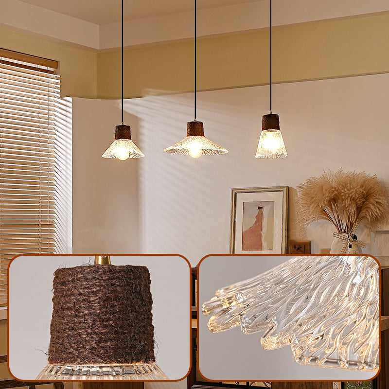Contemporary Nordic 3-Light Conical Glass Chandelier with Hemp Rope and Wood for Living Room
