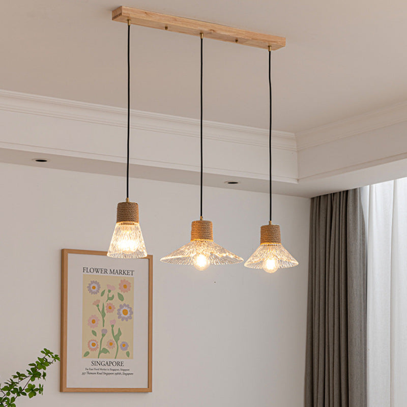 Contemporary Nordic 3-Light Conical Glass Chandelier with Hemp Rope and Wood for Living Room