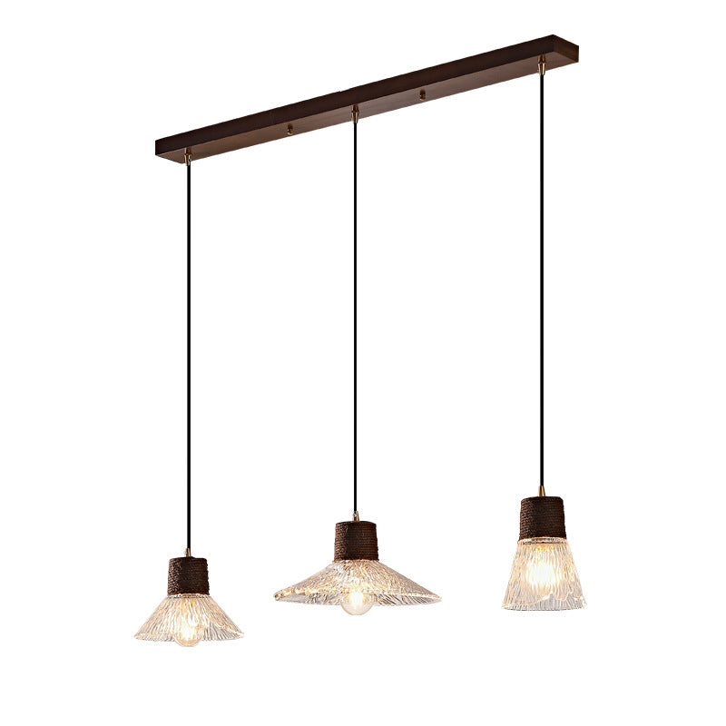 Contemporary Nordic 3-Light Conical Glass Chandelier with Hemp Rope and Wood for Living Room