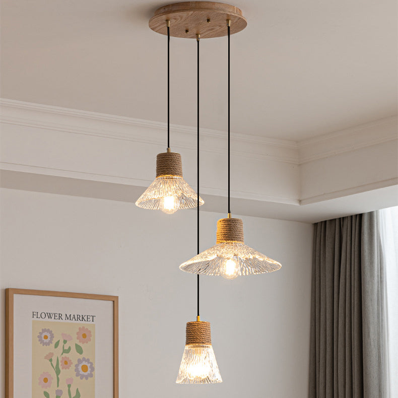 Contemporary Nordic 3-Light Conical Glass Chandelier with Hemp Rope and Wood for Living Room