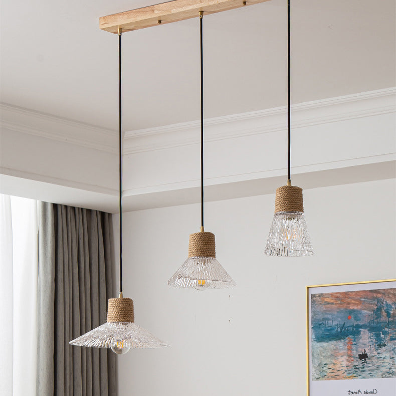 Contemporary Nordic 3-Light Conical Glass Chandelier with Hemp Rope and Wood for Living Room