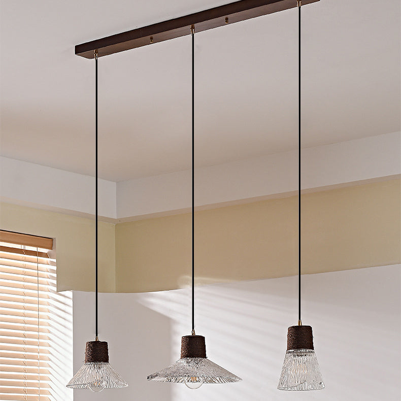 Contemporary Nordic 3-Light Conical Glass Chandelier with Hemp Rope and Wood for Living Room
