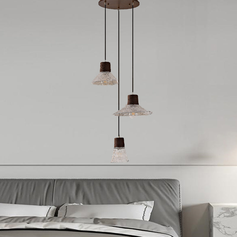 Contemporary Nordic 3-Light Conical Glass Chandelier with Hemp Rope and Wood for Living Room
