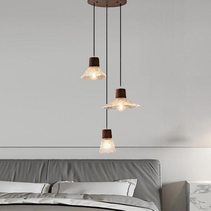 Contemporary Nordic 3-Light Conical Glass Chandelier with Hemp Rope and Wood for Living Room