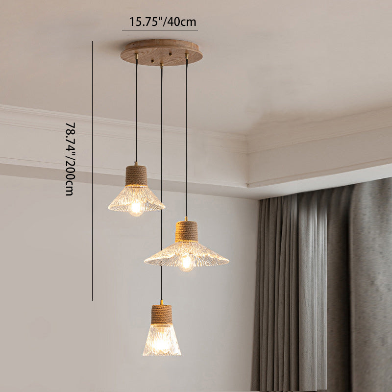 Contemporary Nordic 3-Light Conical Glass Chandelier with Hemp Rope and Wood for Living Room