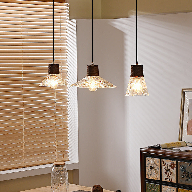 Contemporary Nordic 3-Light Conical Glass Chandelier with Hemp Rope and Wood for Living Room