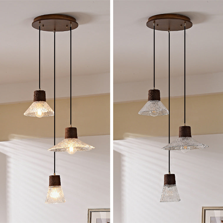 Contemporary Nordic 3-Light Conical Glass Chandelier with Hemp Rope and Wood for Living Room
