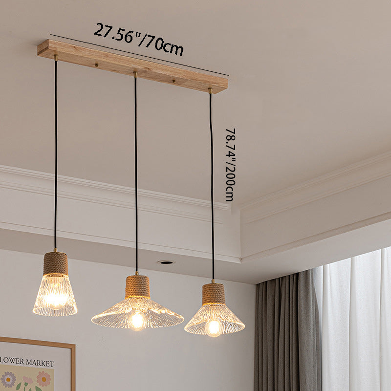 Contemporary Nordic 3-Light Conical Glass Chandelier with Hemp Rope and Wood for Living Room
