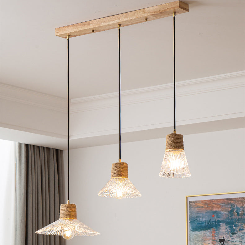 Contemporary Nordic 3-Light Conical Glass Chandelier with Hemp Rope and Wood for Living Room