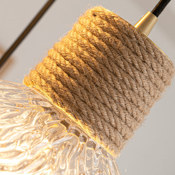 Contemporary Nordic 3-Light Conical Glass Chandelier with Hemp Rope and Wood for Living Room