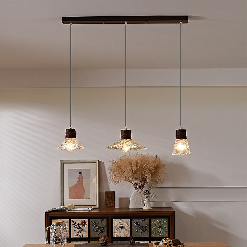 Contemporary Nordic 3-Light Conical Glass Chandelier with Hemp Rope and Wood for Living Room