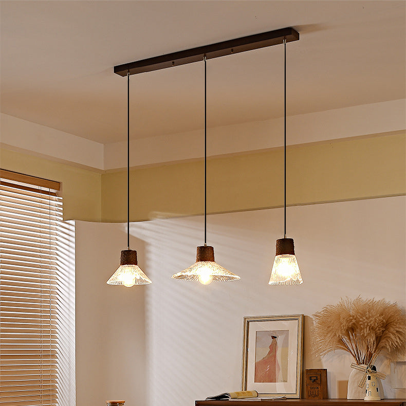 Contemporary Nordic 3-Light Conical Glass Chandelier with Hemp Rope and Wood for Living Room