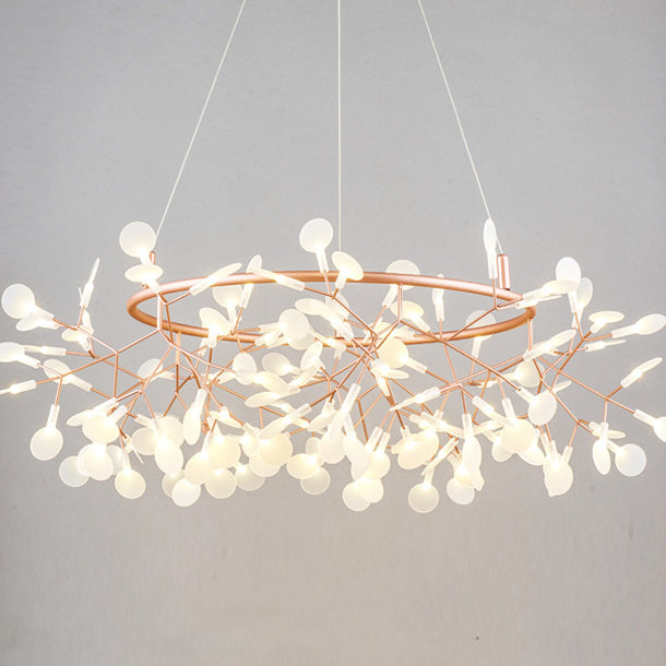 Contemporary Round Branch Firefly LED Chandelier - Acrylic & Stainless Steel for Bedroom Lighting