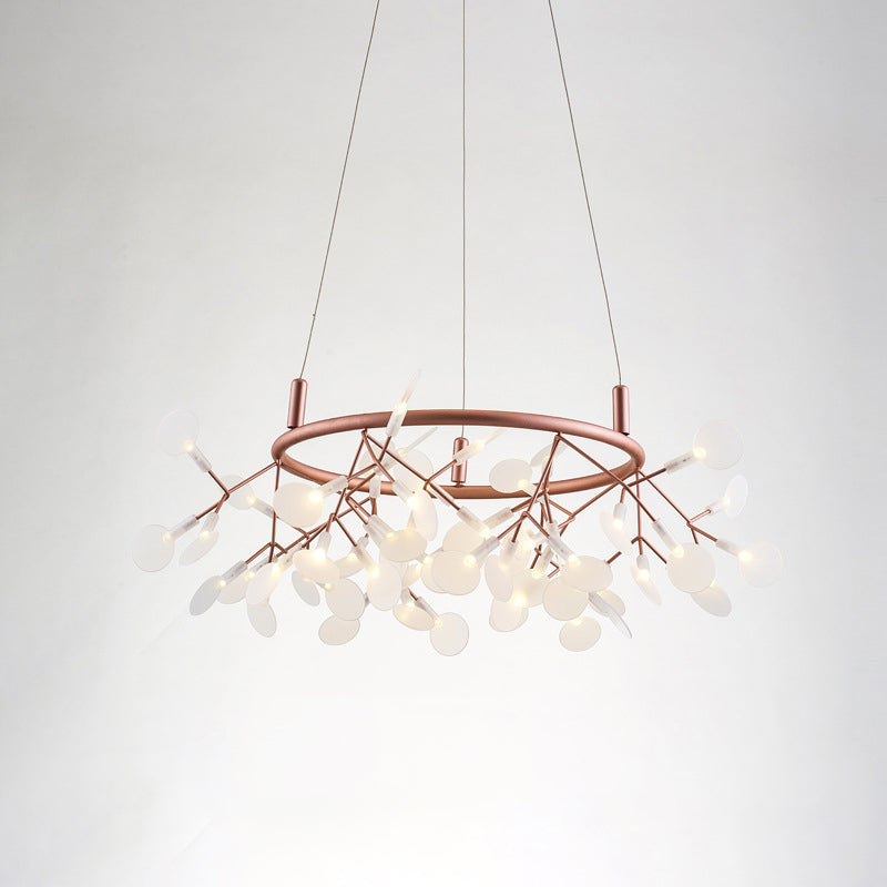 Contemporary Round Branch Firefly LED Chandelier - Acrylic & Stainless Steel for Bedroom Lighting