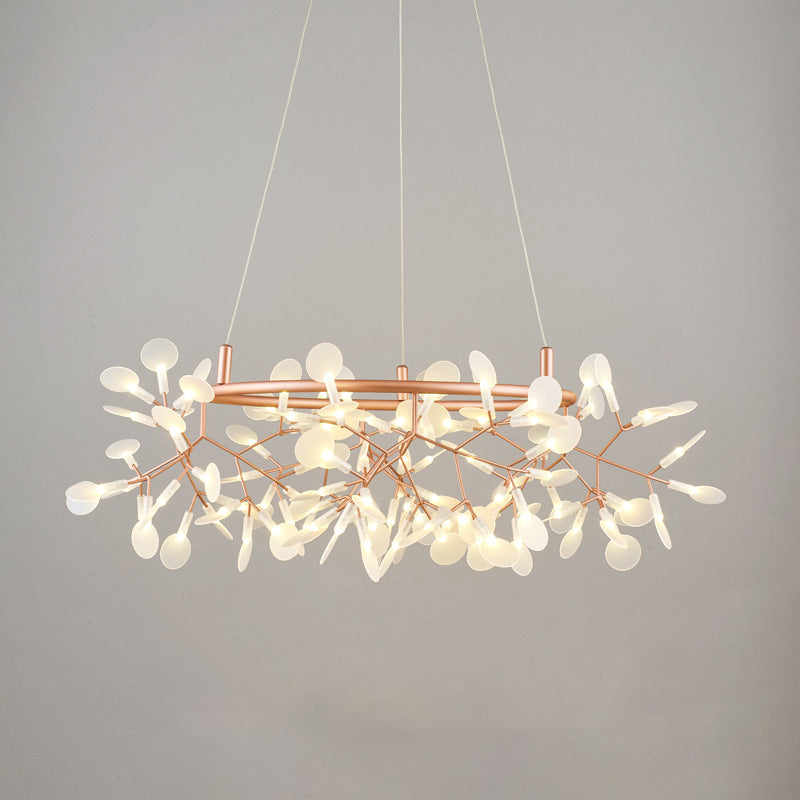 Contemporary Round Branch Firefly LED Chandelier - Acrylic & Stainless Steel for Bedroom Lighting
