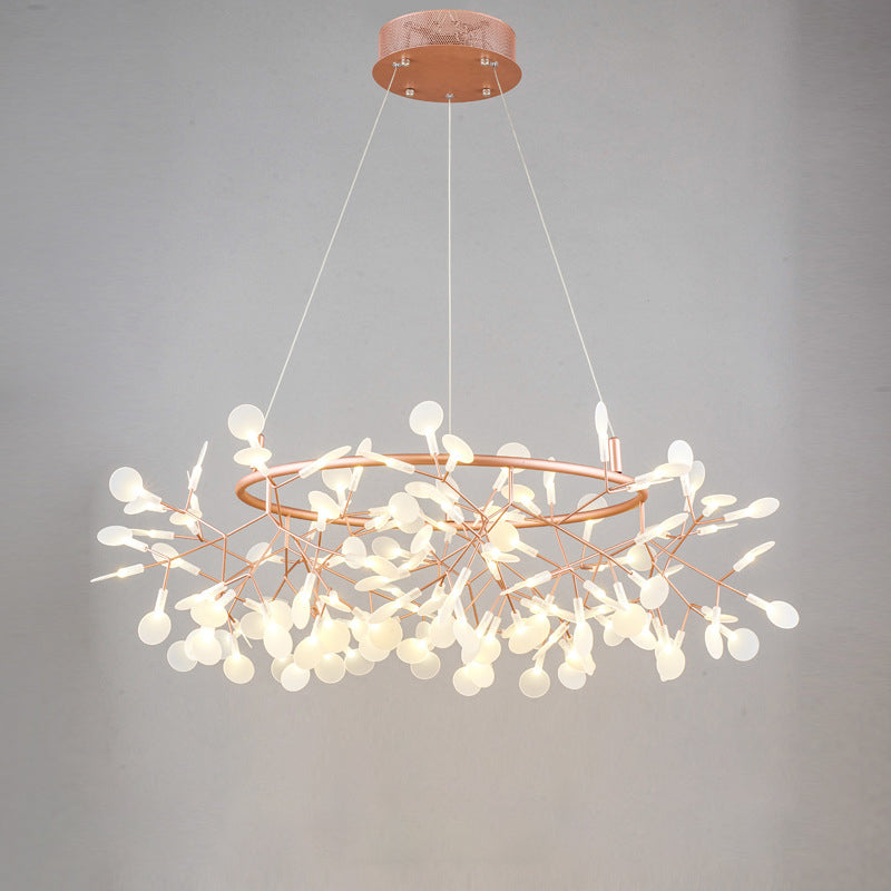 Contemporary Round Branch Firefly LED Chandelier - Acrylic & Stainless Steel for Bedroom Lighting