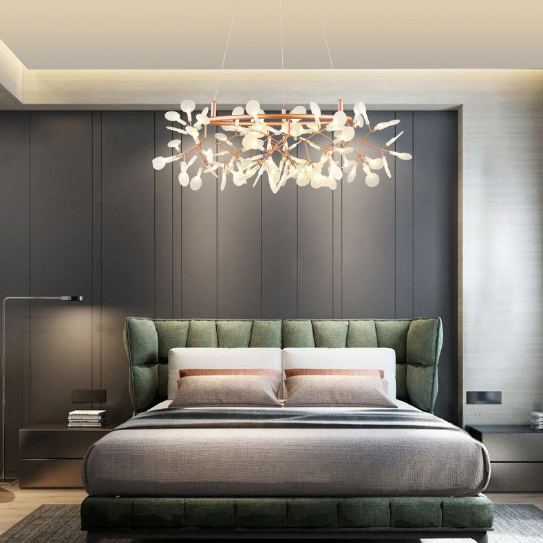 Contemporary Round Branch Firefly LED Chandelier - Acrylic & Stainless Steel for Bedroom Lighting