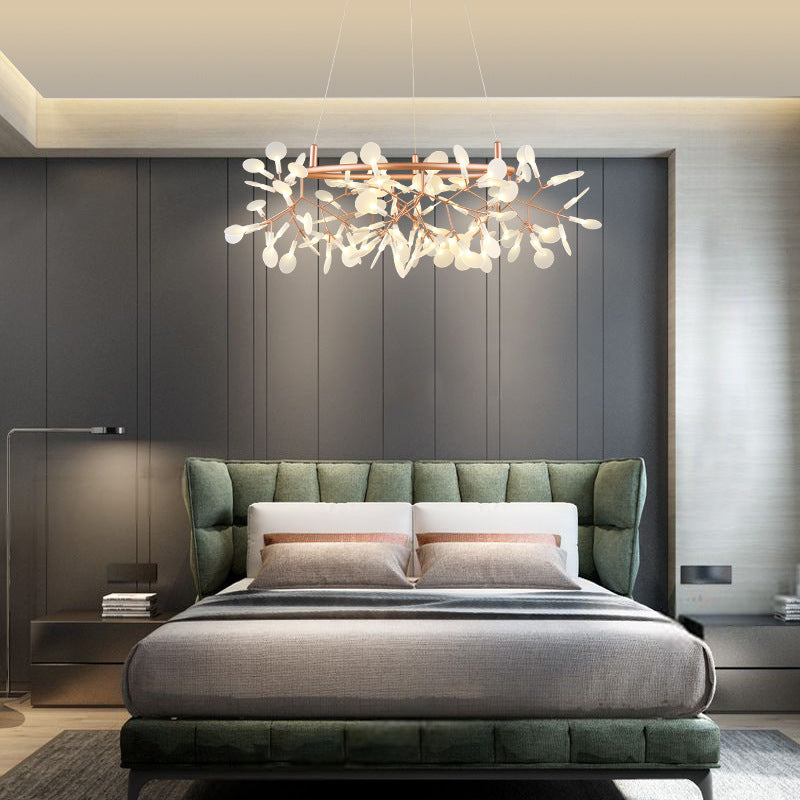 Contemporary Round Branch Firefly LED Chandelier - Acrylic & Stainless Steel for Bedroom Lighting
