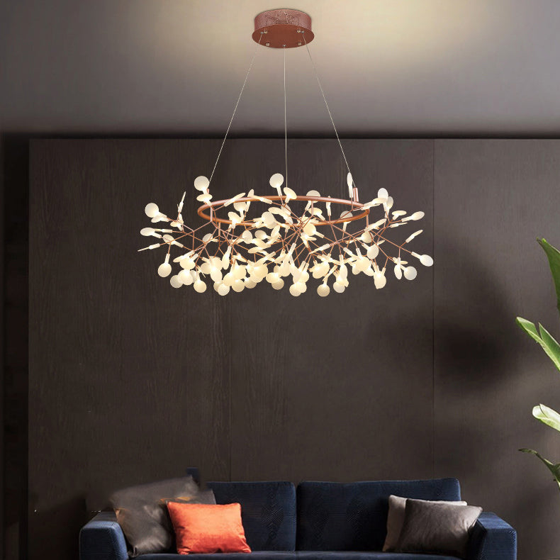 Contemporary Round Branch Firefly LED Chandelier - Acrylic & Stainless Steel for Bedroom Lighting