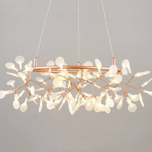 Contemporary Round Branch Firefly LED Chandelier - Acrylic & Stainless Steel for Bedroom Lighting