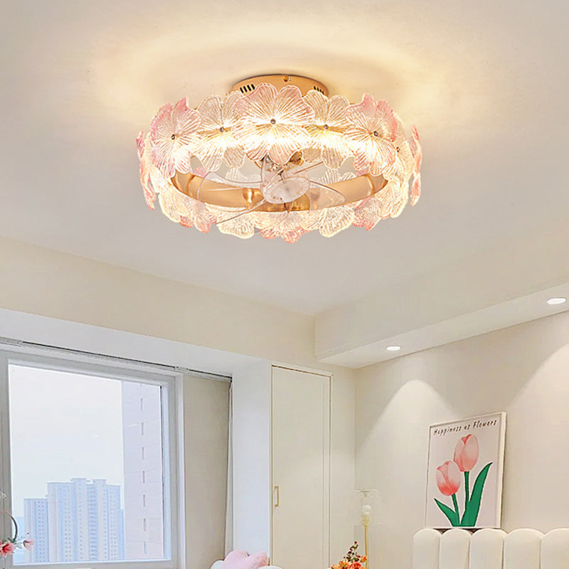 Contemporary Round Circle Flower LED Ceiling Fan Light - Glass & ABS Blades for Bedroom