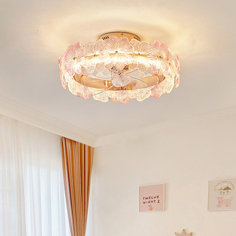 Contemporary Round Flower Ceiling Fan Light - LED, Glass, ABS Blades for Bedroom