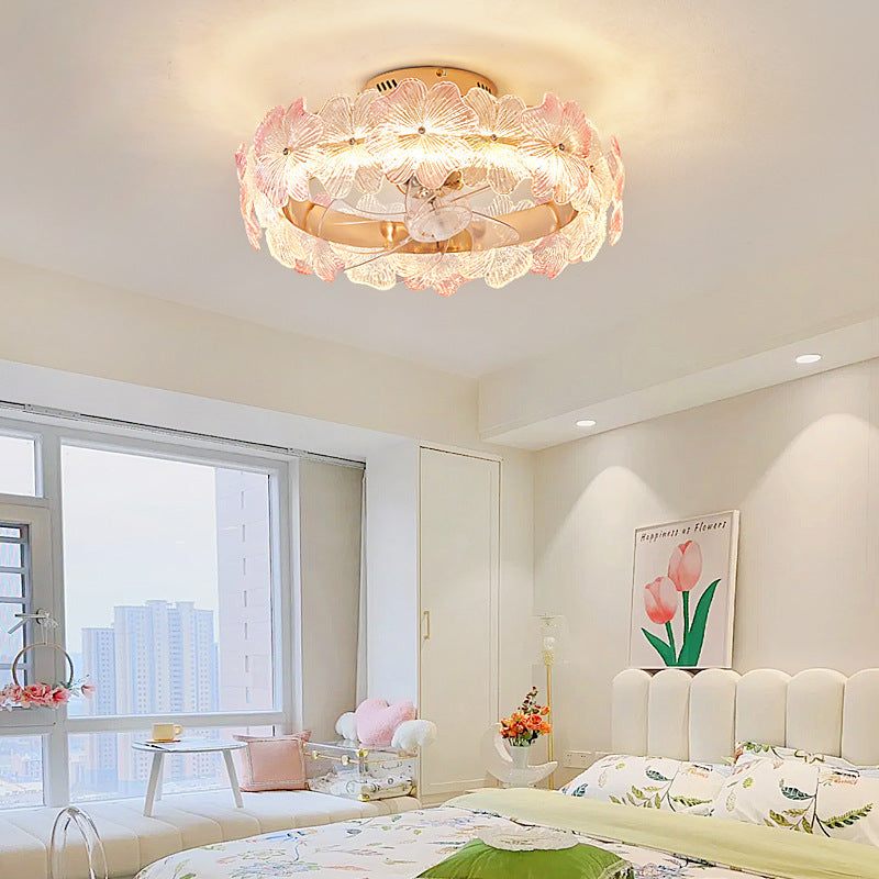 Contemporary Round Flower Ceiling Fan Light - LED, Glass, ABS Blades for Bedroom