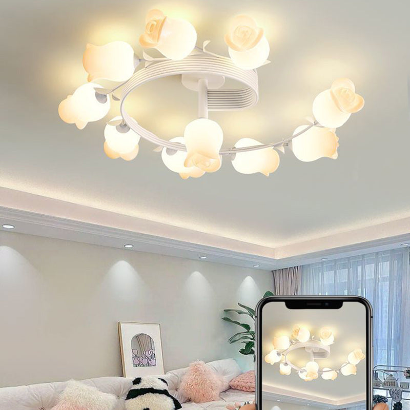 Contemporary Rose Branch Semi-Flush Mount Ceiling Light - Living Room Decorative Lighting, Iron Construction, Elegant Design, Modern Home Decor, Light Fixture 4/5/6/10 Bulb Option