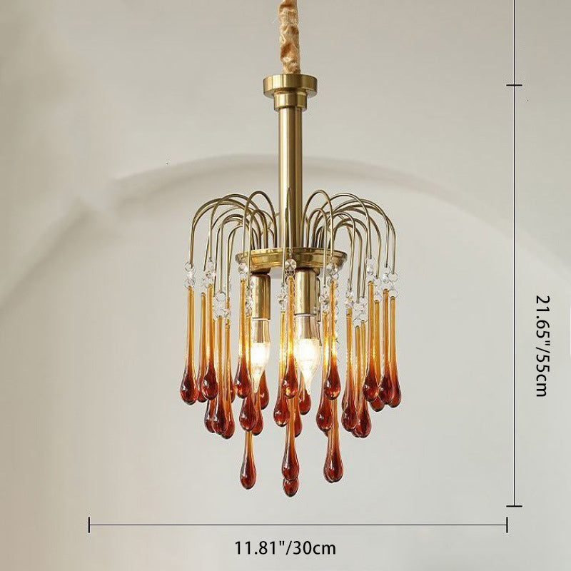 Vintage Branch Cylinder Copper Glass Tear Drop Chandelier 3/4/6/12 Lights for Living Room
