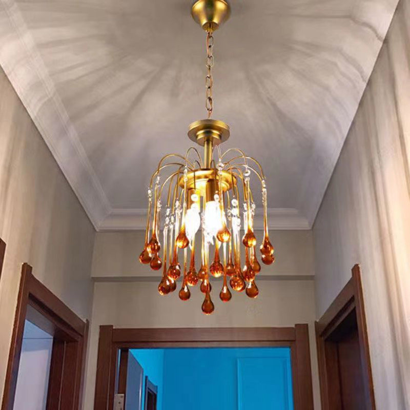 Vintage Branch Cylinder Copper Glass Tear Drop Chandelier 3/4/6/12 Lights for Living Room