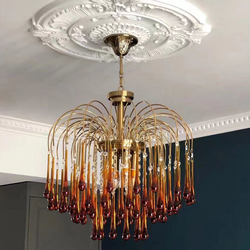 Vintage Branch Cylinder Copper Glass Tear Drop Chandelier 3/4/6/12 Lights for Living Room