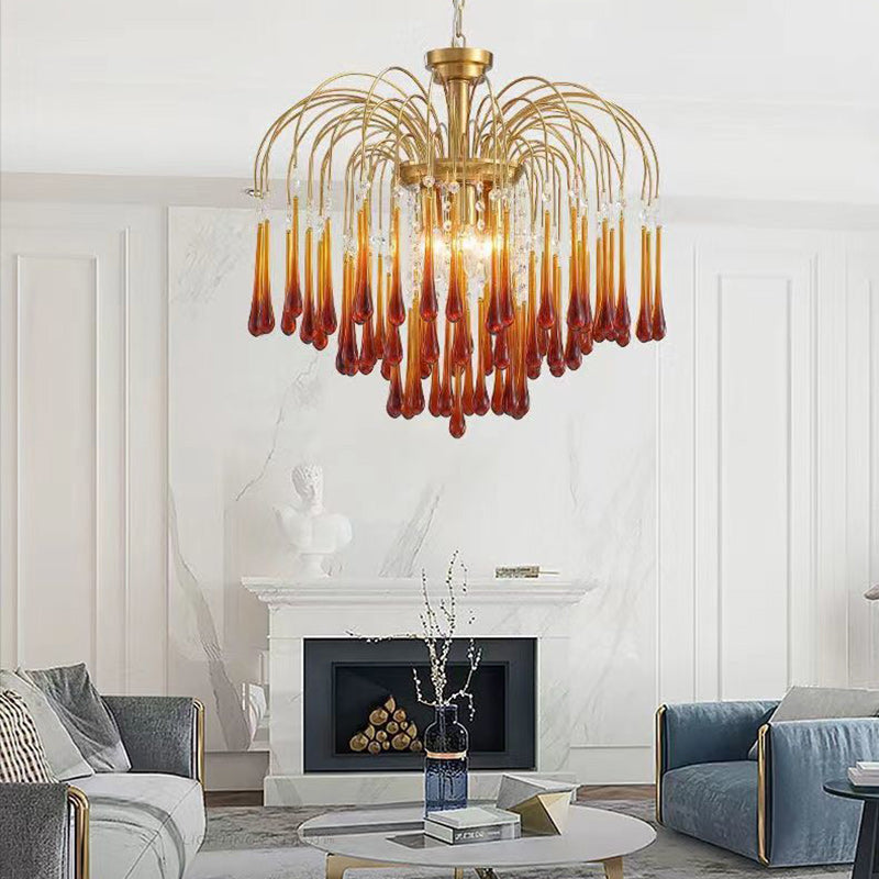 Vintage Branch Cylinder Copper Glass Tear Drop Chandelier 3/4/6/12 Lights for Living Room