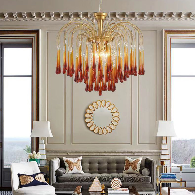 Vintage Branch Cylinder Copper Glass Tear Drop Chandelier 3/4/6/12 Lights for Living Room