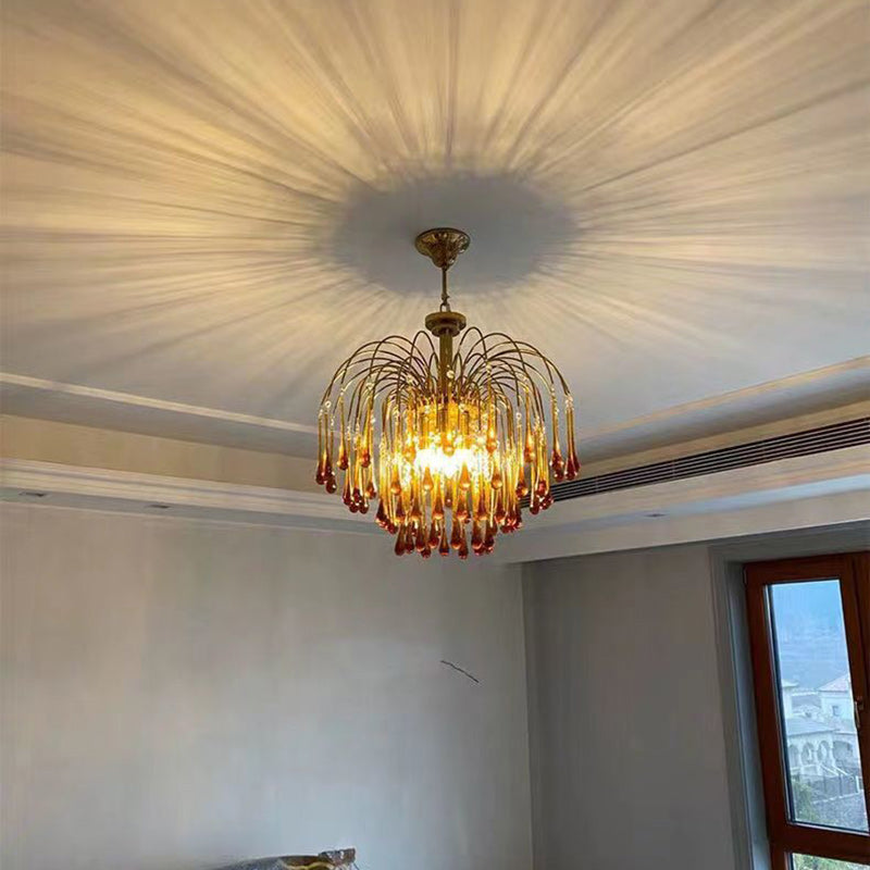 Vintage Branch Cylinder Copper Glass Tear Drop Chandelier 3/4/6/12 Lights for Living Room