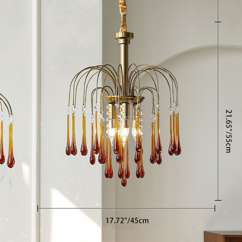 Vintage Branch Cylinder Copper Glass Tear Drop Chandelier 3/4/6/12 Lights for Living Room