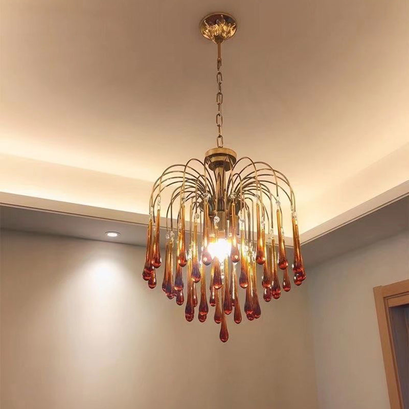 Vintage Branch Cylinder Copper Glass Tear Drop Chandelier 3/4/6/12 Lights for Living Room