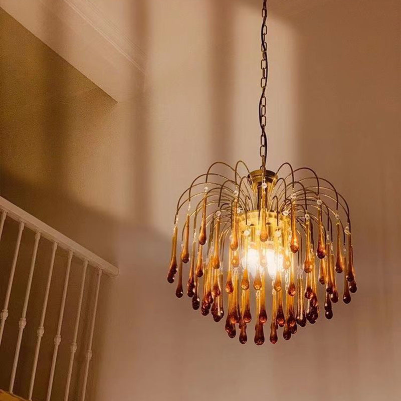 Vintage Branch Cylinder Copper Glass Tear Drop Chandelier 3/4/6/12 Lights for Living Room