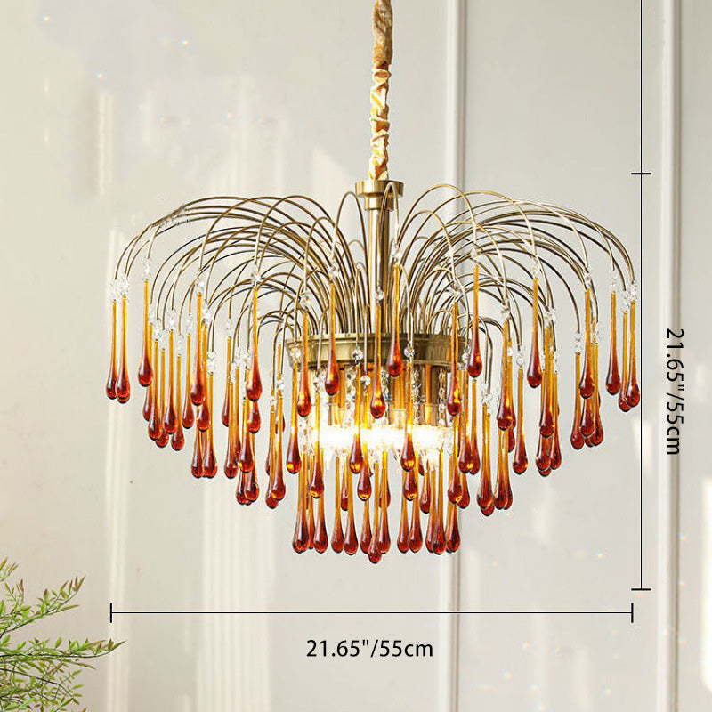 Vintage Branch Cylinder Copper Glass Tear Drop Chandelier 3/4/6/12 Lights for Living Room