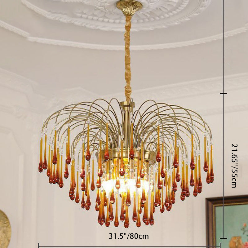 Vintage Branch Cylinder Copper Glass Tear Drop Chandelier 3/4/6/12 Lights for Living Room
