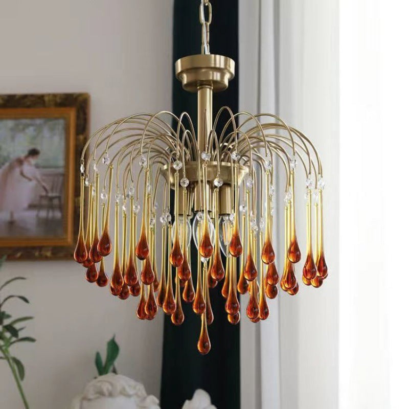 Vintage Branch Cylinder Copper Glass Tear Drop Chandelier 3/4/6/12 Lights for Living Room