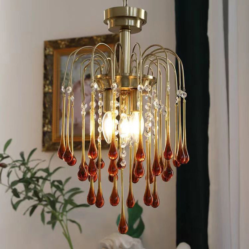 Vintage Branch Cylinder Copper Glass Tear Drop Chandelier 3/4/6/12 Lights for Living Room