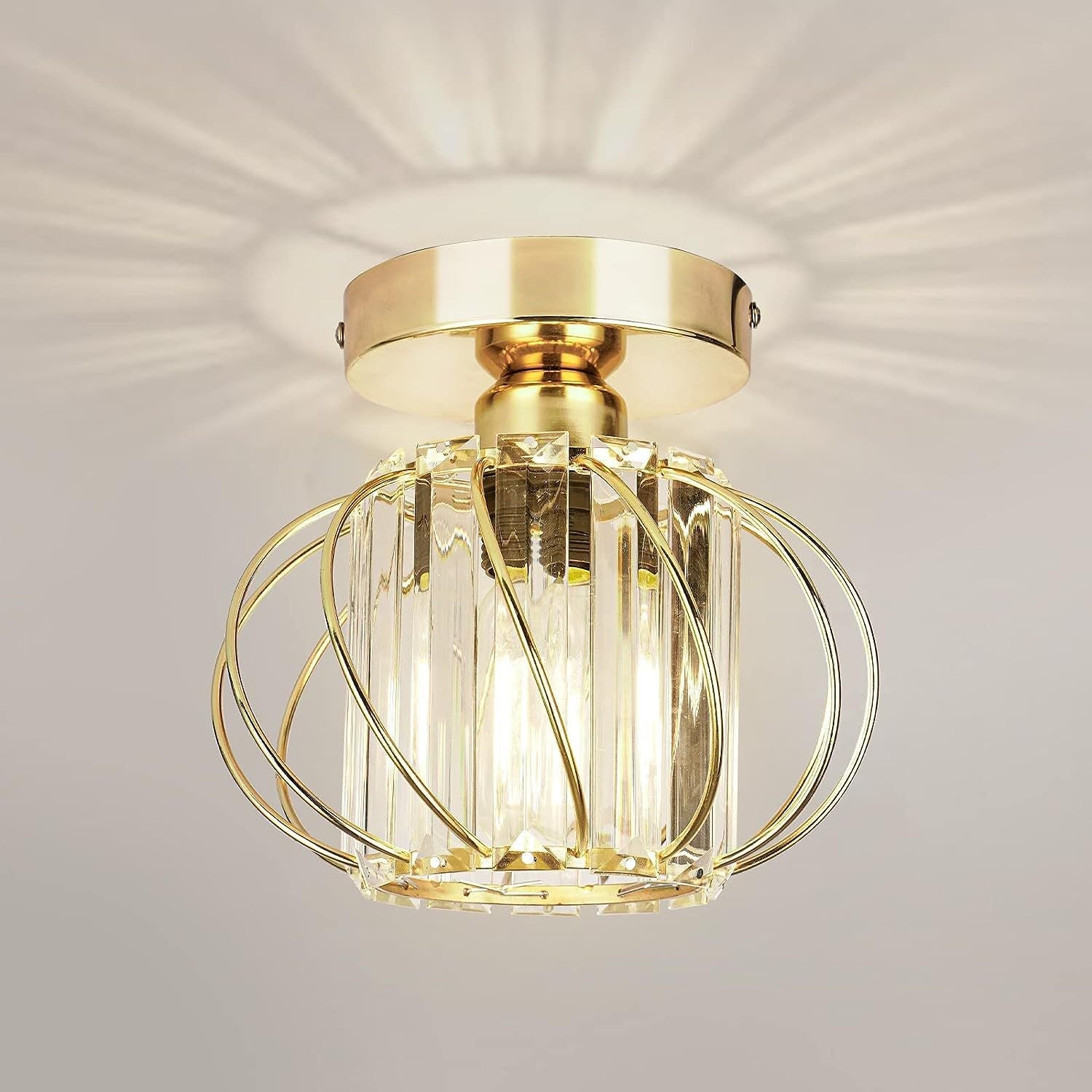 Contemporary Scandinavian Pumpkin Curved Arc Semi-Flush Mount Ceiling Light - Iron & Crystal Disc Base, 1-Light Design for Living Room